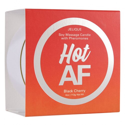 Front view of box of Jelique Pheromone Massage Candle Hot AF Black Cherry on a white background